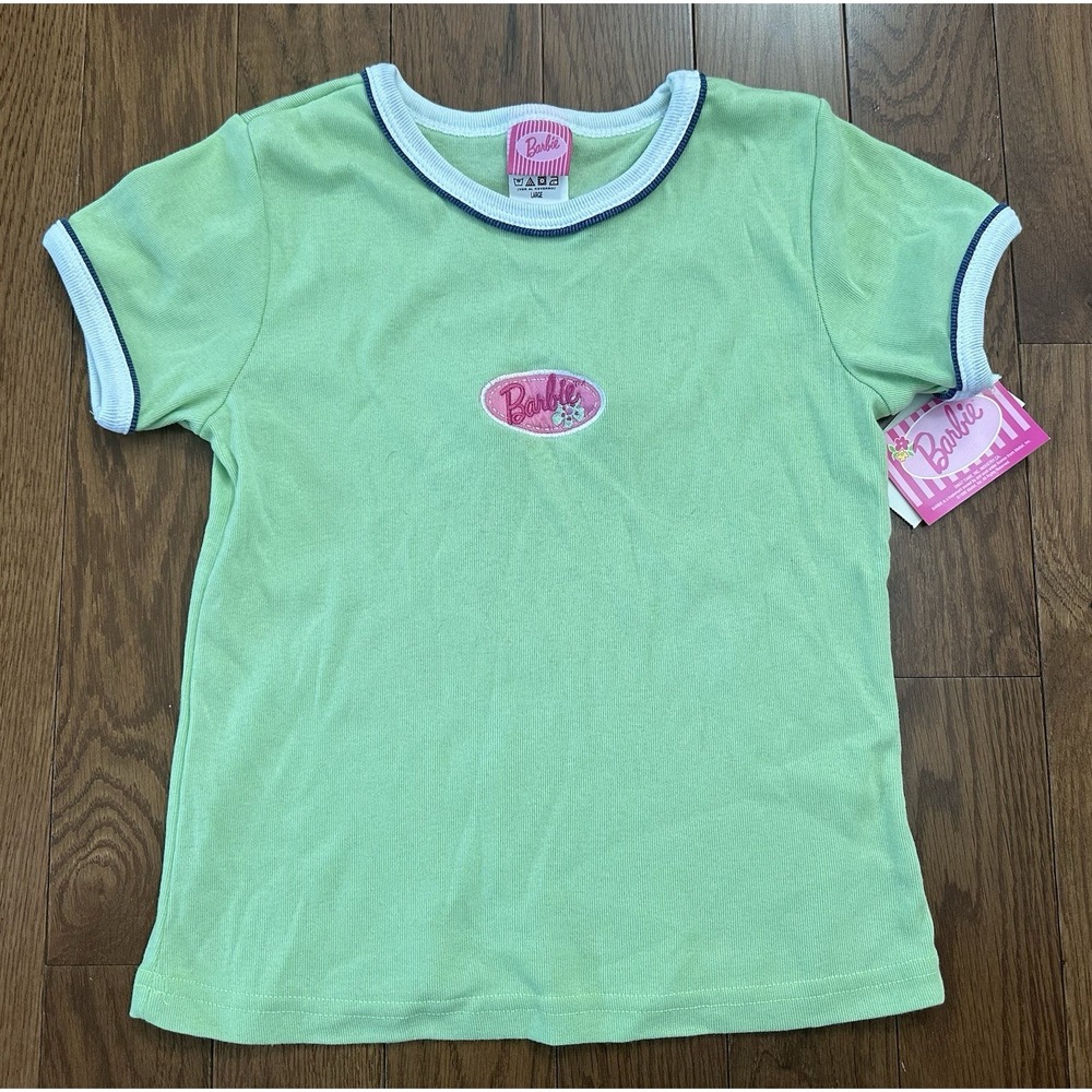 Vintage Y2K Barbie Youth Girls Ringer Shirt Green Size Large NWT